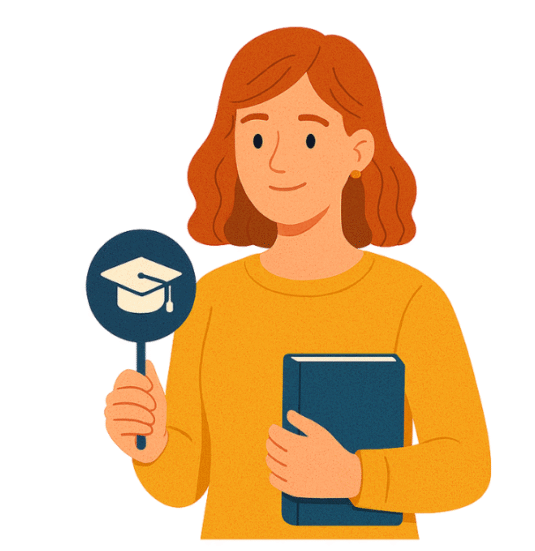An illustration features a woman holding a book and a round sign that displays a graduation cap icon. She wears a long sleeved shirt. This imagery symbolizes achievement and learning, reflecting the educational outcomes supported by TECHEOT.