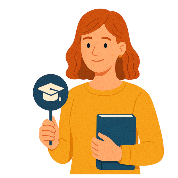 An illustration features a woman holding a book and a round sign that displays a graduation cap icon. She wears a long sleeved shirt. This imagery symbolizes achievement and learning, reflecting the educational outcomes supported by TECHEOT.