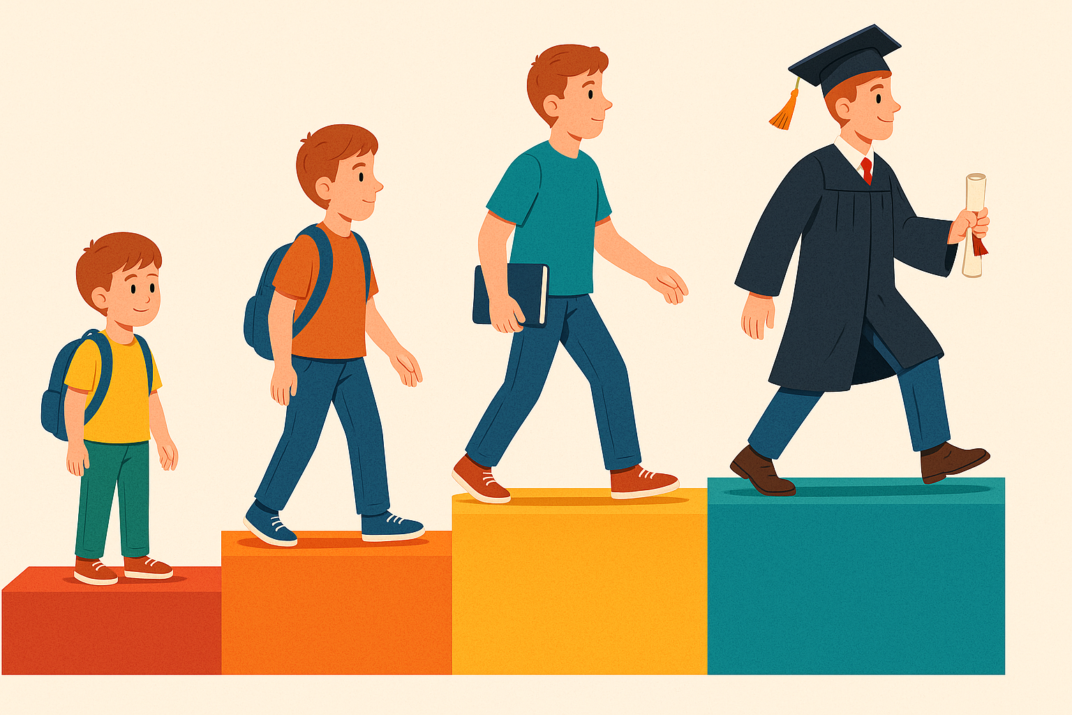 A series of figures shows a person climbing steps, representing the educational journey from childhood to graduation. The first step features a young child with a backpack. The second step shows an older child with a backpack. On the third step, a teenager or young adult carries a book. The highest step shows a graduate in a cap and gown holding a diploma. This progression illustrates the educational pathway and growth supported by TECHEOT.