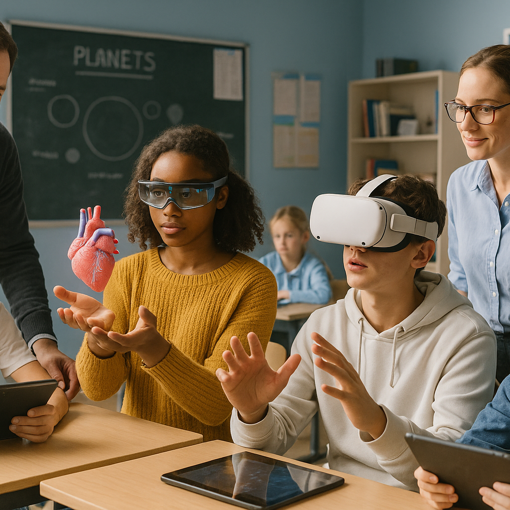 Students use augmented and virtual reality to learn. A group of students and teachers engage with technology in a classroom. A student wears augmented reality glasses, gesturing at a floating three dimensional model of a heart visible in the air between their hands. Another student wears a virtual reality headset, gesturing and interacting with a virtual environment. Two other students view tablets on their desks. Two teachers supervise and assist the students, demonstrating the hands on learning experiences enabled by modern educational tools such as those offered by TECHEOT. A chalkboard listing PLANETS with related diagrams and bookshelves line the background of the room