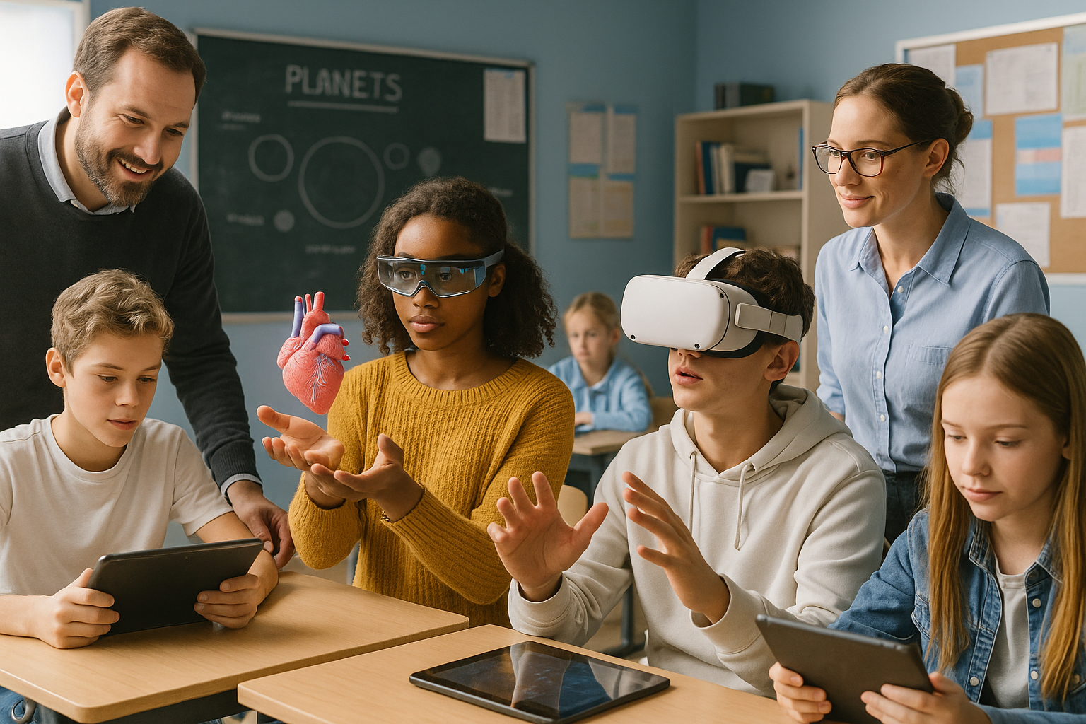 Students use augmented and virtual reality to learn. A group of students and teachers engage with technology in a classroom. A student wears augmented reality glasses, gesturing at a floating three dimensional model of a heart visible in the air between their hands. Another student wears a virtual reality headset, gesturing and interacting with a virtual environment. Two other students view tablets on their desks. Two teachers supervise and assist the students, demonstrating the hands on learning experiences enabled by modern educational tools such as those offered by TECHEOT. A chalkboard listing PLANETS with related diagrams and bookshelves line the background of the room