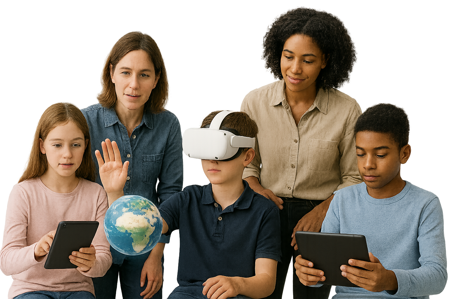 People use virtual and augmented reality with tablets, showcasing TECHEOTs approach. A group featuring two adults and three children interacts with different technologies, highlighting the innovative learning experiences TECHEOT enables. An adult stands behind a child wearing a virtual reality headset. Another adult stands behind a child wearing augmented reality glasses and reaching out towards a floating three dimensional model of Earth. Two other children are seated, using tablets. The adults observe and guide the children as they engage with these digital tools. The scene illustrates a collaborative and technologically integrated educational environment.