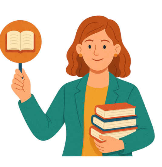 An illustration depicts a woman wearing a blazer and shirt. She holds a stack of three books in one arm and a round sign in the other hand. The sign features an icon of an open book. This imagery represents knowledge and education, key areas where TECHEOT provides solutions.