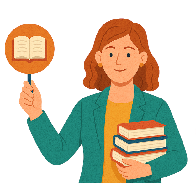 An illustration depicts a woman wearing a blazer and shirt. She holds a stack of three books in one arm and a round sign in the other hand. The sign features an icon of an open book. This imagery represents knowledge and education, key areas where TECHEOT provides solutions.