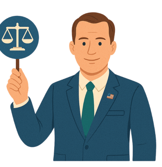 An illustration shows a man in a business suit holding a round sign featuring scales of justice. This visual represents legal and justice related areas, reflecting expertise offered by TECHEOT.