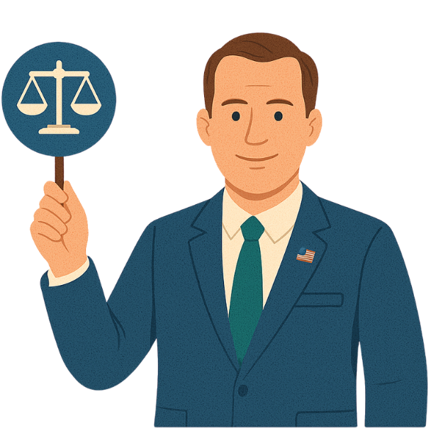 An illustration shows a man in a business suit holding a round sign featuring scales of justice. This visual represents legal and justice related areas, reflecting expertise offered by TECHEOT.