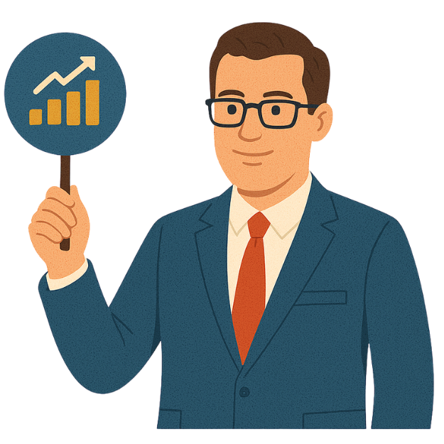 An illustration depicts a man in a suit holding a sign that symbolizes growth. The sign features a circular shape with a bar graph showing increasing bars and an upward arrow. The man wears glasses and a tie. Text appears below the illustration stating Corporate and Training firms. This visual message highlights the potential for growth and development within corporate and training sectors, areas where TECHEOT offers solutions.