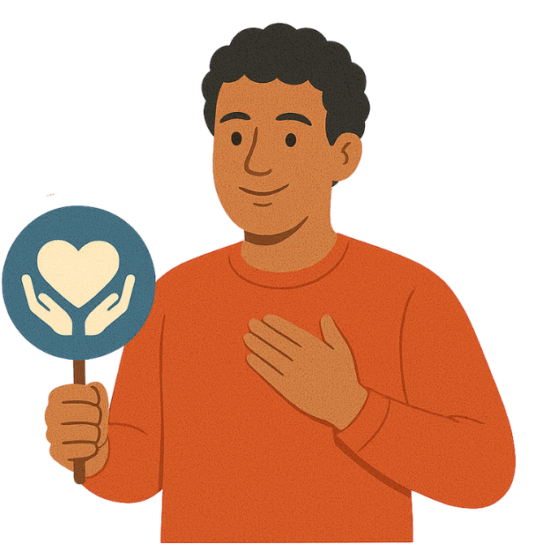 An illustration depicts a man holding a round sign that displays a heart cradled by two hands. He places his other hand on his chest. This image symbolizes care and support, values central to the approach of TECHEOT.