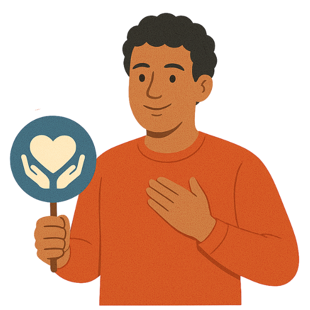 An illustration depicts a man holding a round sign that displays a heart cradled by two hands. He places his other hand on his chest. This image symbolizes care and support, values central to the approach of TECHEOT.